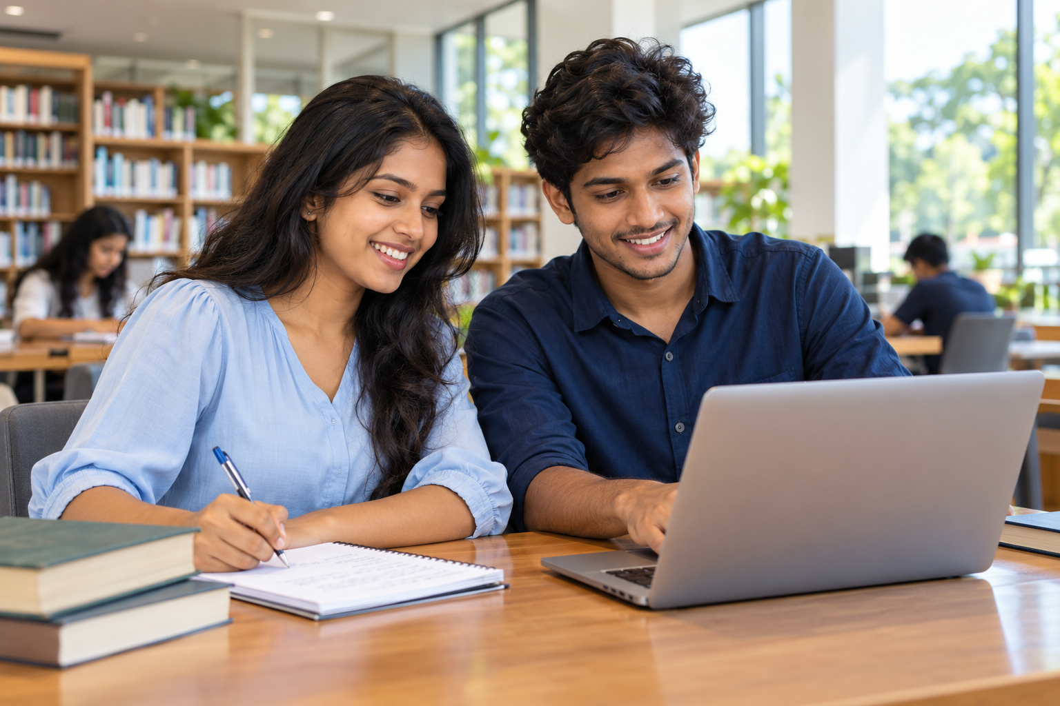 Two students studying together at a laptop