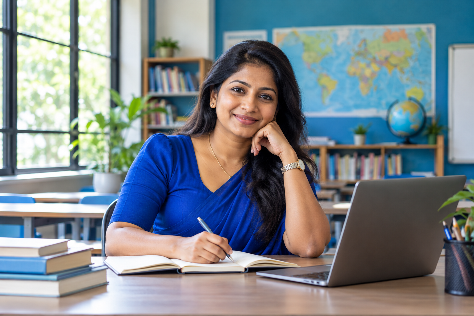 Teacher preparing lessons at a laptop